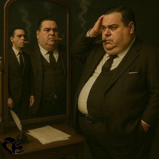 l'auteur voit dans le miroir un unique copie de lui. Il en attendait 2. Son gilet est dépareillé.