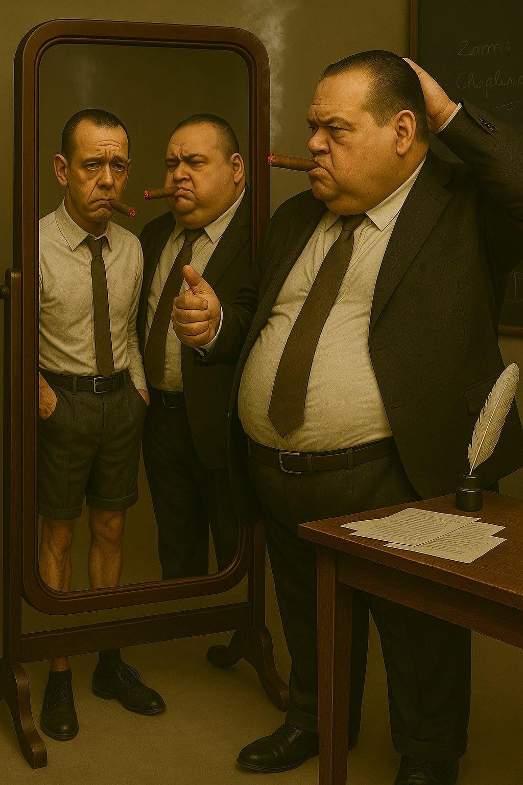 l'auteur voit dans le miroir, un personnage en short avec les jambes qui sortent du cadre de la vitre et le second