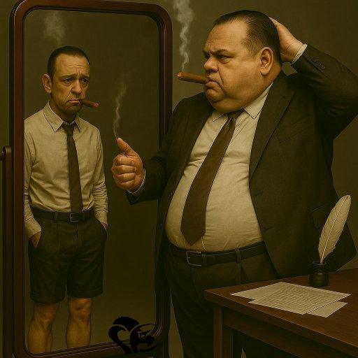 l'auteur obèse ne voit dans le miroir qu'un unique personnage maigre en short.