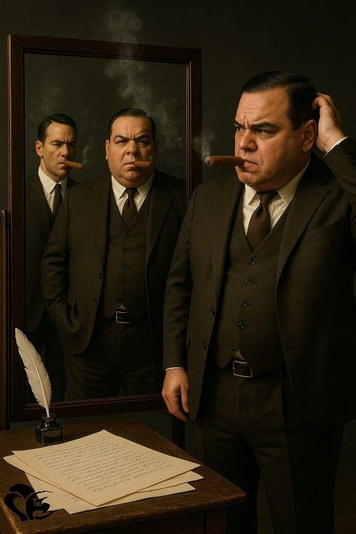 l'auteur se grate la tête. Il voit dans le miroir deux copies de lui, l'une maigre et l'autre forte. Tous ont un cigare à la bouche