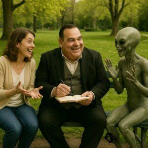 l'auteur est en grande discussion avec une femme et un extraterrestre dans un parc. La discussion est animée et bonne enfant. Page contact dans laquelle le visiteur peut laisser un message.