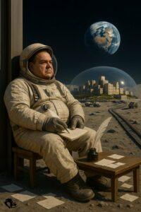 l'auteur s'imagine en train d'écrire sur la lune en scaphendre sous un levé de Terre qu'on voit au dessus du ville sous une bulle transparente.