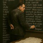 Un auteur de science-fiction en costume sombre écrit à la craie sur un tableau noir, opposant des mots anglais et français, illustrant la tension entre deux langues et deux cultures. | A SF novelist in a dark suit writes in chalk on a blackboard, contrasting English and French words, symbolizing the tension between two languages and two cultures.
