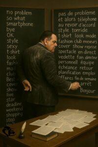 Un auteur de science-fiction en costume sombre écrit à la craie sur un tableau noir, opposant des mots anglais et français, illustrant la tension entre deux langues et deux cultures. | A SF novelist in a dark suit writes in chalk on a blackboard, contrasting English and French words, symbolizing the tension between two languages and two cultures.