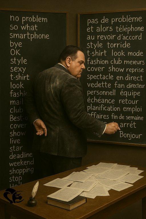 Un auteur de science-fiction en costume sombre écrit à la craie sur un tableau noir, opposant des mots anglais et français, illustrant la tension entre deux langues et deux cultures. | A SF novelist in a dark suit writes in chalk on a blackboard, contrasting English and French words, symbolizing the tension between two languages and two cultures.