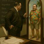 Un auteur de science-fiction en costume sombre se tient devant un miroir. Dans son reflet, il apparaît détendu, vêtu d’une chemise hawaïenne et de shorts, comme en vacances sur une plage. La scène illustre le contraste entre la rigueur professionnelle et l’évasion imaginaire.|A SF novelist in a dark suit stands before a mirror. In his reflection, he appears relaxed, wearing a Hawaiian shirt and shorts, as if on holiday at the beach. The scene highlights the contrast between professional rigor and imaginative escape