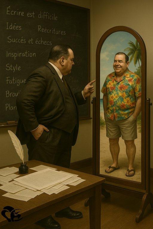 Un auteur de science-fiction en costume sombre se tient devant un miroir. Dans son reflet, il apparaît détendu, vêtu d’une chemise hawaïenne et de shorts, comme en vacances sur une plage. La scène illustre le contraste entre la rigueur professionnelle et l’évasion imaginaire.|A SF novelist in a dark suit stands before a mirror. In his reflection, he appears relaxed, wearing a Hawaiian shirt and shorts, as if on holiday at the beach. The scene highlights the contrast between professional rigor and imaginative escape