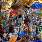 Un collage surréaliste et coloré mêlant animaux, navires, ballons et personnages dans une scène foisonnante où le réel et l’imaginaire se confondent, une œuvre associée à l’homme de la photo, auteur de science-fiction. | A surreal and colorful collage blending animals, ships, balloons, and characters in a bustling scene where reality and imagination merge, an artwork linked to the man in the photo, a SF novelist.