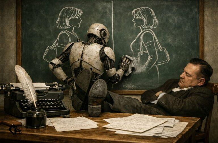 Texte alternatif : Auteur de science-fiction endormi à son bureau pendant qu’un robot efface un dessin à la craie sur un tableau noir, avec machine à écrire, plume et manuscrits au premier plan. | SF novelist asleep at his desk while a robot wipes chalk drawings on a blackboard, with a typewriter, quill and manuscript pages in the foreground.