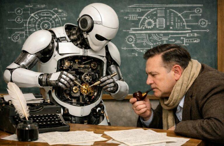 Auteur de science-fiction, assis à un bureau avec une machine à écrire, des feuilles manuscrites et une plume, observe un robot humanoïde blanc réglant des engrenages dans sa poitrine devant un tableau de schémas techniques. | SF novelist at a desk with a typewriter, handwritten pages and a quill, watching a white humanoid robot adjust gears in its open chest in front of a chalkboard of technical diagrams.