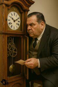 The author inspects an antique clock, holding a letter, with a focused expression