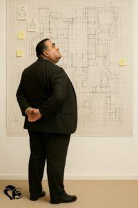 The author observes a complex architectural blueprint on the wall, hands clasped behind his back