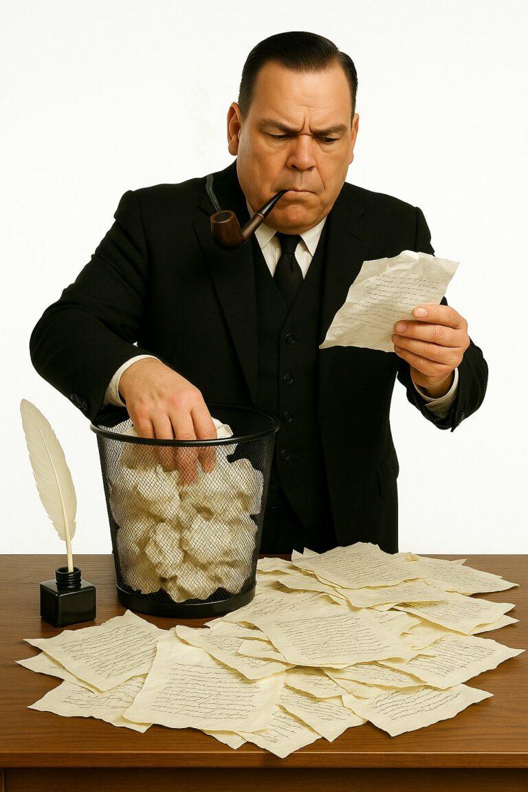 Un auteur de science-fiction en costume sombre, pipe à la bouche, examine attentivement une feuille manuscrite tout en jetant des brouillons froissés dans une corbeille, entouré de nombreux papiers épars sur son bureau. | A SF novelist in a dark suit, pipe in his mouth, carefully studies a handwritten page while discarding crumpled drafts into a bin, surrounded by scattered papers on his desk.