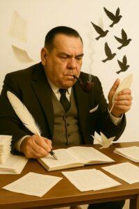 Un homme en costume sombre, pipe à la bouche, écrit avec une plume d’oie entouré de pages manuscrites et de silhouettes d’oiseaux s’échappant des feuilles ; il s’agit de l’auteur de science-fiction de la photo. | A man in a dark suit, pipe in mouth, writes with a quill surrounded by handwritten pages and silhouettes of birds flying from the sheets; this is the SF novelist in the photo.