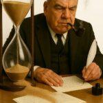 Texte alternatif : Un auteur de science-fiction, vêtu d’un costume sombre et fumant une pipe, rédige avec une plume ancienne devant un grand sablier dont le sable se répand sur ses documents, symbolisant le temps qui s’écoule. | A SF novelist, dressed in a dark suit and smoking a pipe, writes with an old-fashioned quill in front of a large hourglass spilling sand onto his papers, symbolizing the passing of time.