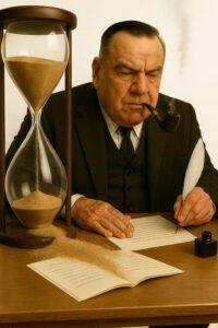 Texte alternatif : Un auteur de science-fiction, vêtu d’un costume sombre et fumant une pipe, rédige avec une plume ancienne devant un grand sablier dont le sable se répand sur ses documents, symbolisant le temps qui s’écoule. | A SF novelist, dressed in a dark suit and smoking a pipe, writes with an old-fashioned quill in front of a large hourglass spilling sand onto his papers, symbolizing the passing of time.