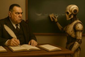 Sur une image vintage, un auteur de science-fiction en costume sombre écrit à la plume à sa table tandis qu’un robot humanoïde efface avec une éponge le haut du mot « Google » sur un tableau noir, illustrant la montée de l’intelligence artificielle face au moteur de recherche. | In a vintage-style scene, an SF novelist in a dark suit writes with a quill at his desk while a humanoid robot uses a sponge to wipe the upper part of the word “Google” from a classroom blackboard, symbolising artificial intelligence overtaking the search engine.