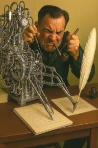 Un auteur de science-fiction, le visage crispé et concentré, manipule des outils près d’une machine d’écriture steampunk faite de tuyaux et d’engrenages, dont plusieurs bras métalliques tracent des lignes sur une feuille, tandis qu’une grande plume blanche écrit sur une page dactylographiée à côté d’un encrier. | An SF novelist, grimacing with intense focus, fiddles with tools beside a steampunk writing machine of pipes and gears whose metal arms scribble on a sheet, while a large white quill writes on a typed page next to an inkwell.