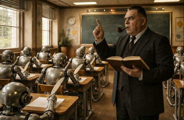 Un SF novelist, pipe au coin des lèvres, se tient debout devant un tableau dans une salle de classe rétro : costume sombre, livre ouvert à la main, index levé comme pour dicter, tandis qu’une dizaine de robots assis à des pupitres écrivent sur des feuilles avec des plumes d’oie. | A stern SF novelist with a pipe stands in a retro classroom, holding an open book and raising his index finger as if dictating, while about ten robots seated at school desks write on paper with quill feathers.