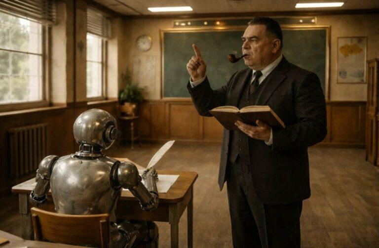 Un auteur de science-fiction debout dans une salle de classe rétro, costume sombre et pipe à la bouche, lit un livre en levant l’index comme un professeur face à un robot métallique assis à un bureau avec une plume et des feuilles. | An SF novelist stands in a retro classroom, wearing a dark suit and pipe, reading from a book and raising an index finger like a teacher facing a metallic robot seated at a desk with a quill and papers.