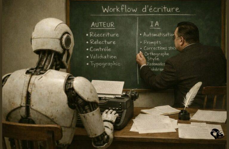 Robot humanoïde assis à un bureau devant une machine à écrire, pendant qu’un homme — l’auteur de science-fiction — écrit « Workflow d’écriture » sur un tableau noir avec deux colonnes « Auteur » et « IA » listant réécriture, relecture, prompts, corrections, style et cohérence. | Humanoid robot seated at a desk with a typewriter while a man—an SF novelist—writes “Writing workflow” on a chalkboard with “Author” and “AI” columns listing rewriting, proofreading, prompts, corrections, style, and coherence