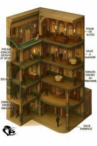 Coupe isométrique du Bunker Palace illustrant différents étages avec leurs fonctions : piscine et espaces de détente, salle à manger, suites, ainsi que plusieurs zones dédiées au personnel. L’image présente un agencement intérieur structuré, comme dans un palace futuriste conçu par un auteur de science-fiction | Isometric cutaway of a building showing various floors with their functions: pool and relaxation areas, dining room, suites, and several staff-only sections. The image displays a structured interior layout, resembling a futuristic palace imagined by an SF novelist