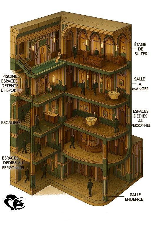 Coupe isométrique du Bunker Palace illustrant différents étages avec leurs fonctions : piscine et espaces de détente, salle à manger, suites, ainsi que plusieurs zones dédiées au personnel. L’image présente un agencement intérieur structuré, comme dans un palace futuriste conçu par un auteur de science-fiction | Isometric cutaway of a building showing various floors with their functions: pool and relaxation areas, dining room, suites, and several staff-only sections. The image displays a structured interior layout, resembling a futuristic palace imagined by an SF novelist