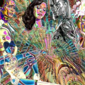 « Image psychédélique aux couleurs vives montrant plusieurs silhouettes humaines et abstraites dans un univers tourbillonnant ; L’image fait partie du portfolio de l’auteur de science-fiction, créateur de l’image. | Psychedelic, vividly colored image showing several human and abstract silhouettes in a swirling universe; the picture is part of novelist SF’s porfolio. »