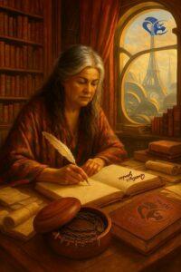 Dans un bureau-bibliothèque chaleureux, une personne aux cheveux gris écrit avec une plume dans un grand livre ouvert, entourée de vieux volumes et de parchemins, devant une fenêtre offrant une vue sur la tour Eiffel; la personne représentée est un auteur de science-fiction. | In a warm study lined with bookshelves, an older woman with gray hair writes with a quill in a large open book, surrounded by old volumes and scrolls, in front of a window overlooking the Eiffel Tower, depicting an SF novelist at work.